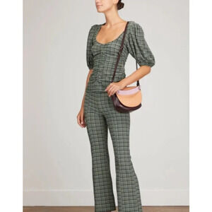 NWT Ganni 36/Small Stretch Seersucker Top‎ in Mini Check Green Bay Puff Sleeve